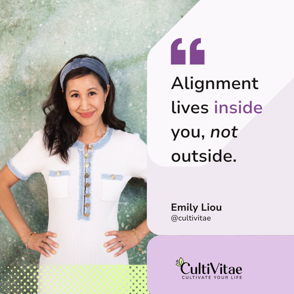 Image featuring Emily looking at the camera with her hands on her hips and the quote, "Alignment lives inside you, not outside" for article titled, What is Misalignment Burnout?